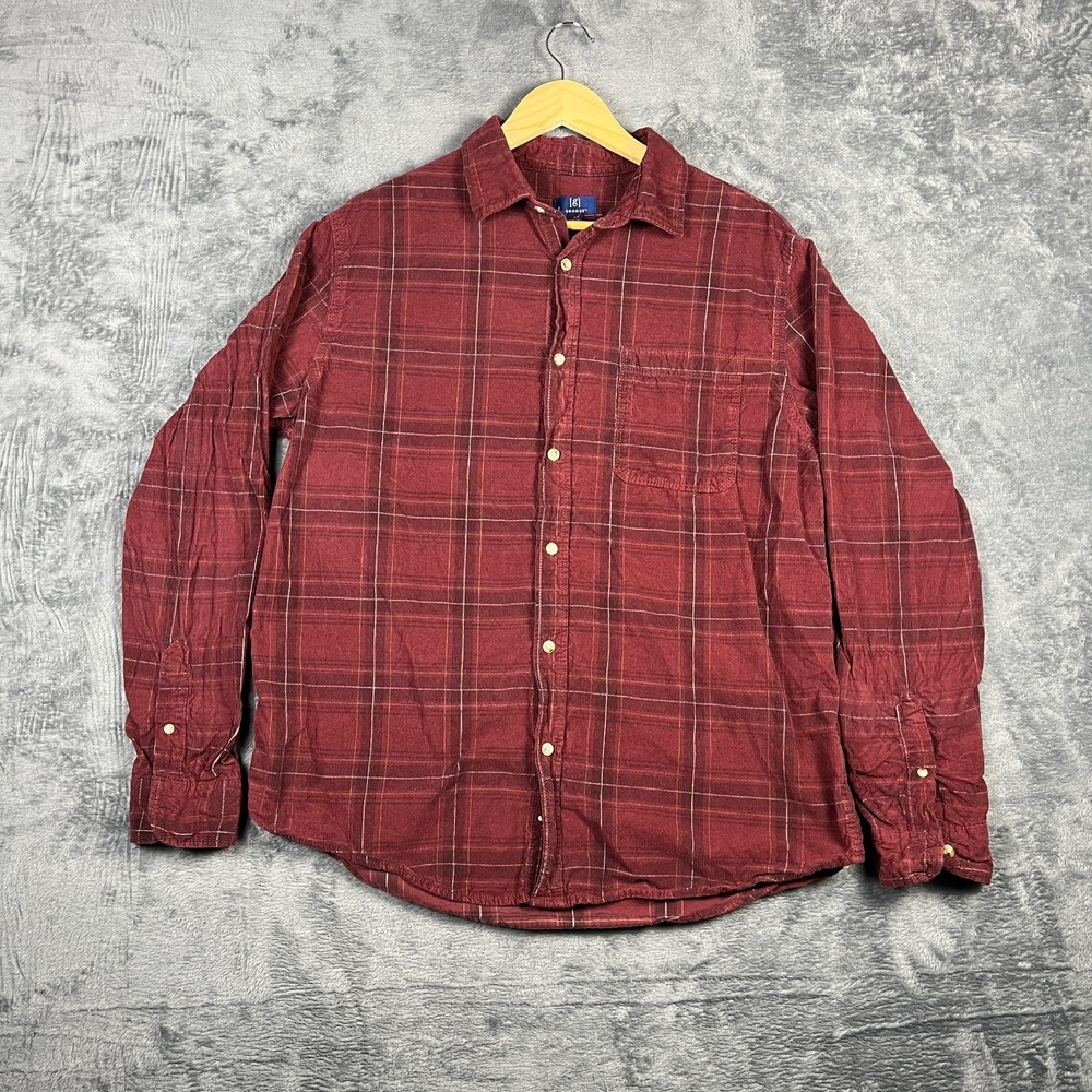 George Shirt Mens Large Brown Wine Plaid Micro Corduroy Long Sleeve Button Up